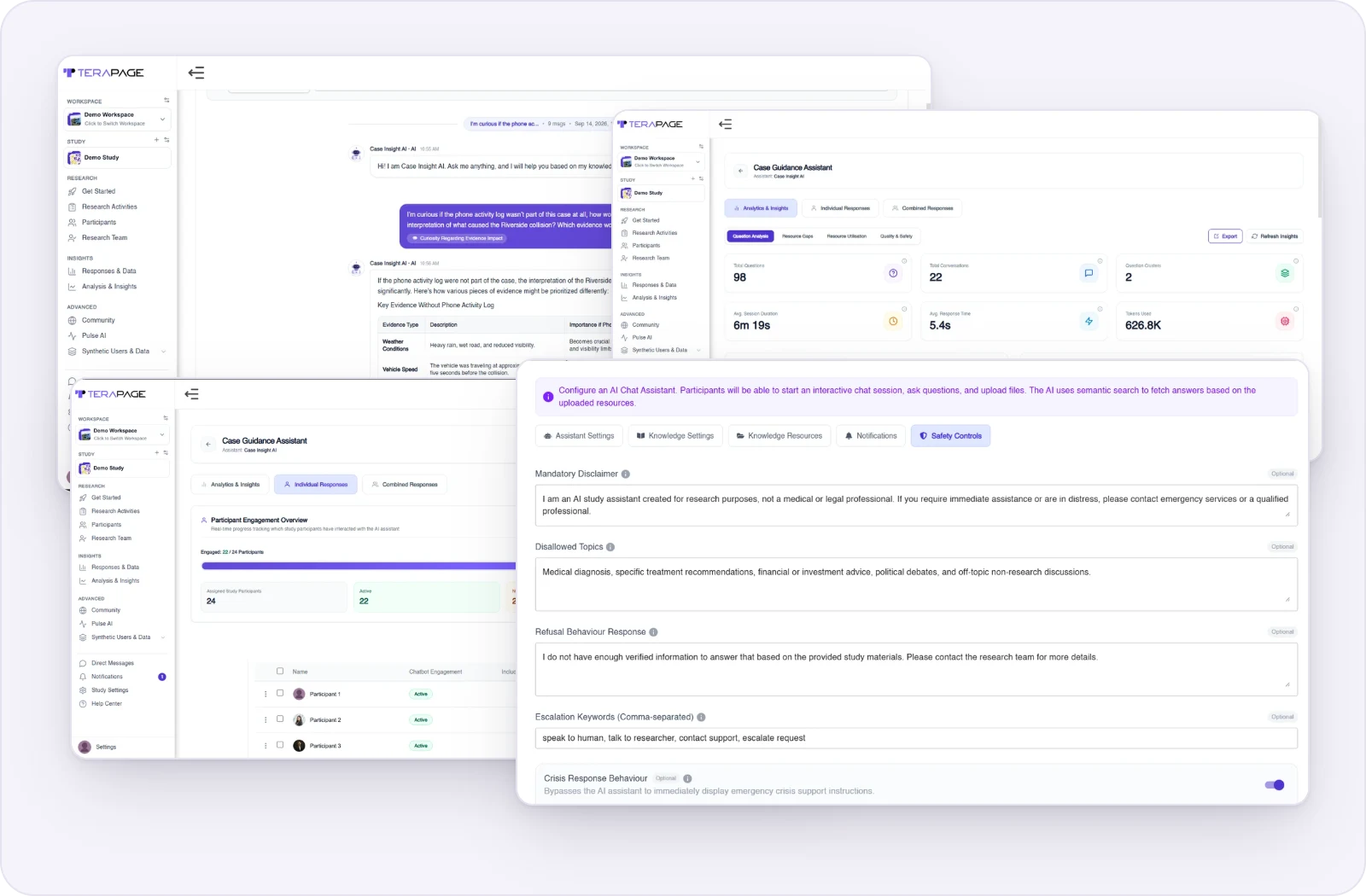 AI Chat Assistant safety controls with disclaimer, disallowed topics and escalation keywords in Terapage