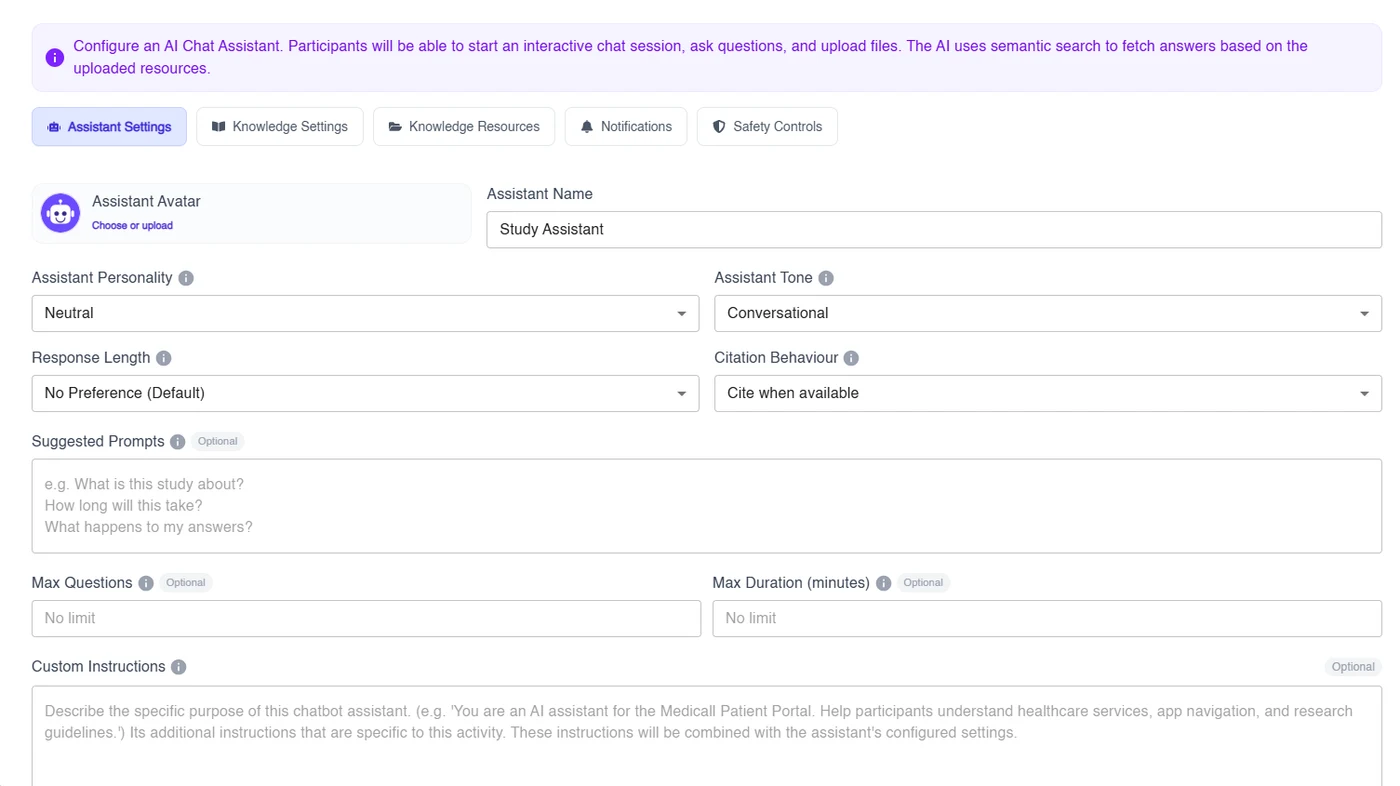 AI Chat Assistant settings for name, personality, tone, response length and citations in Terapage