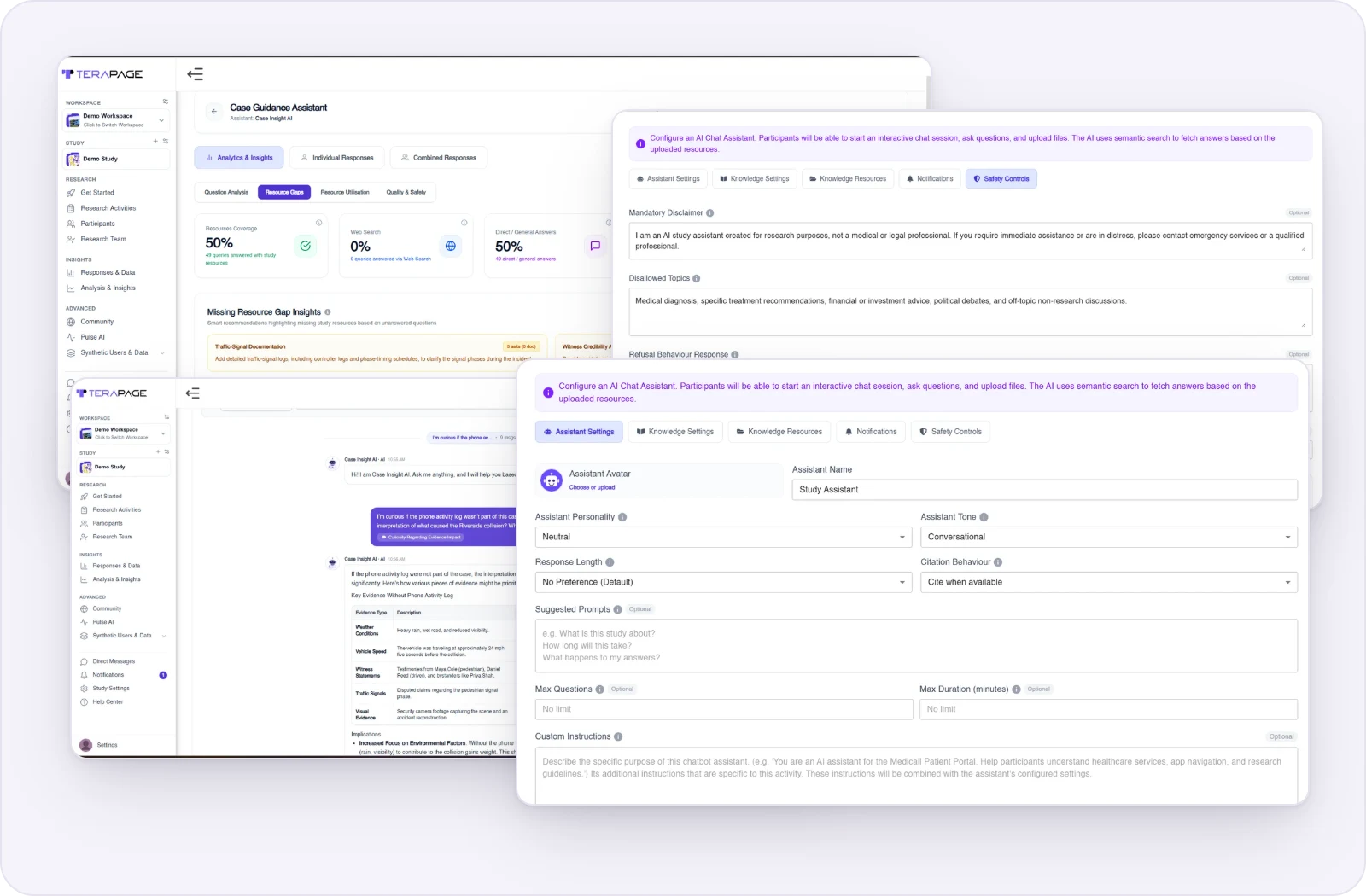 AI Chat Assistant settings for name, personality, tone, response length and citations in Terapage