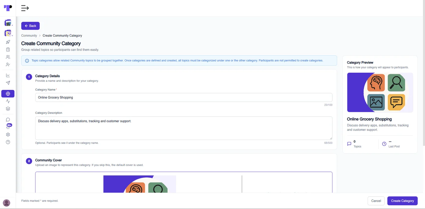 Create Community Category screen in Terapage with name, description and cover