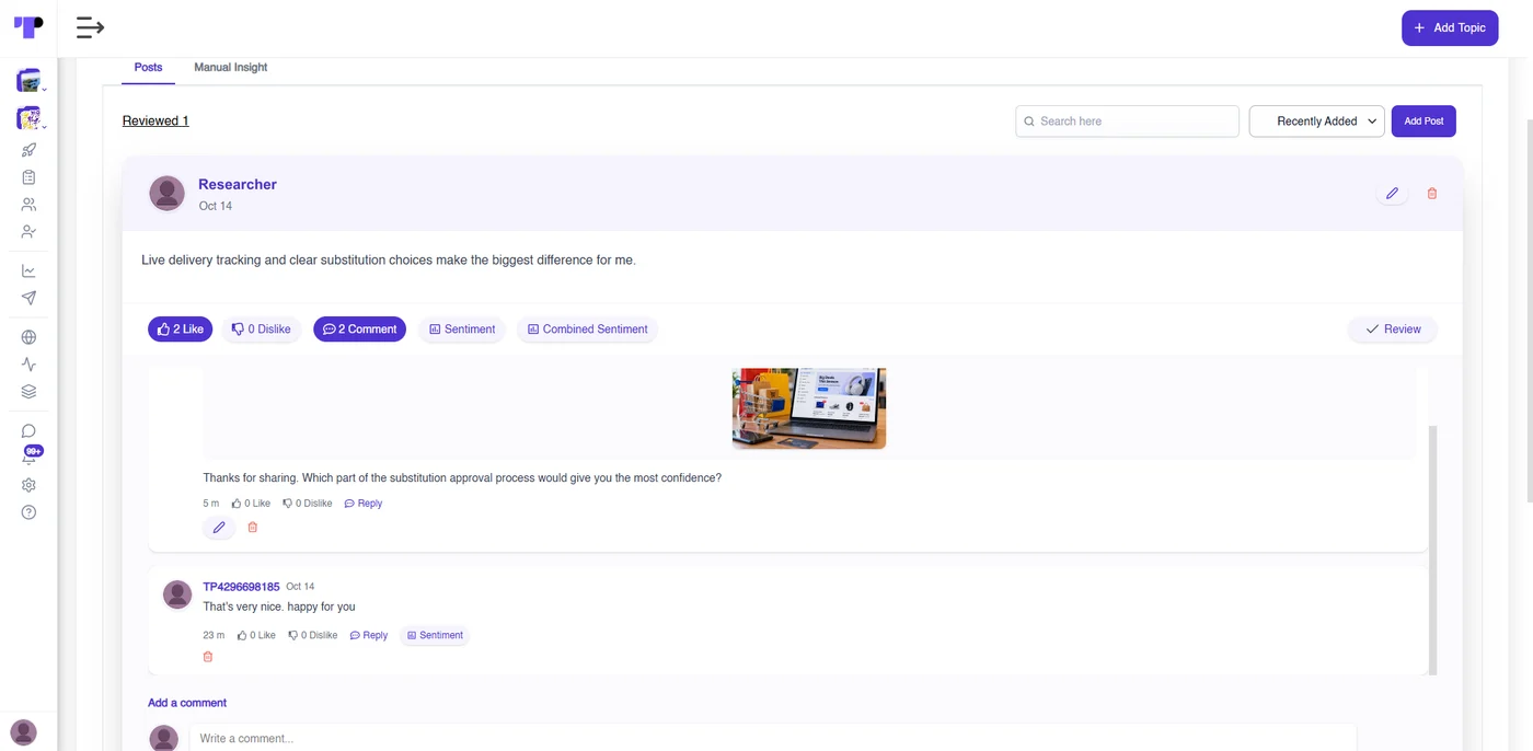 Discussion post in Terapage with likes, comments and sentiment controls