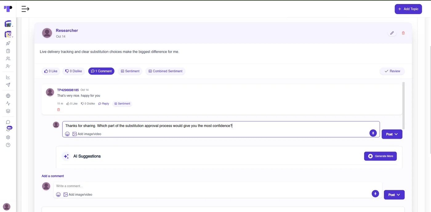 Researcher replying to a participant in a Terapage discussion with AI suggestions