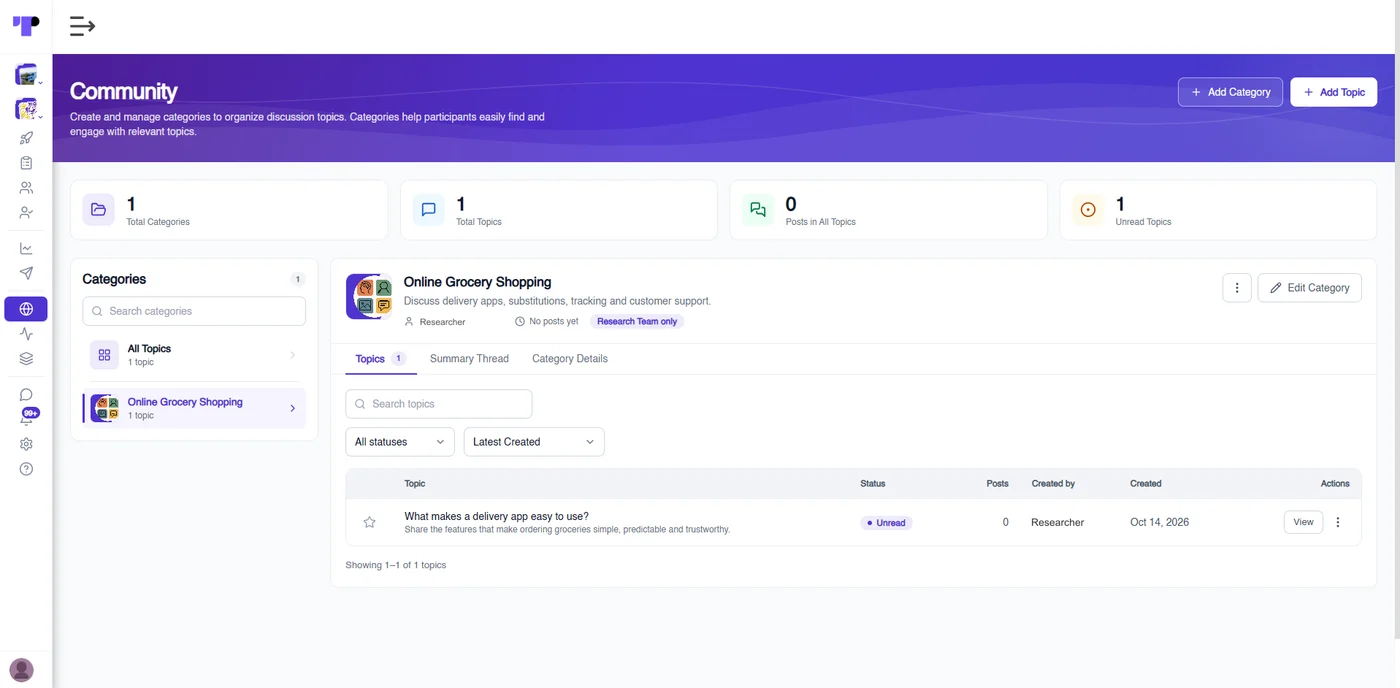 Community in Terapage with categories, topics and post counts