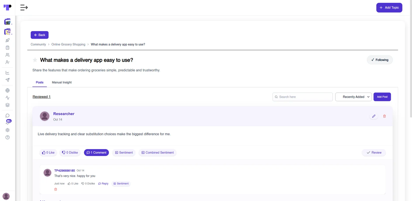 Discussion topic in Terapage with a post and threaded comments