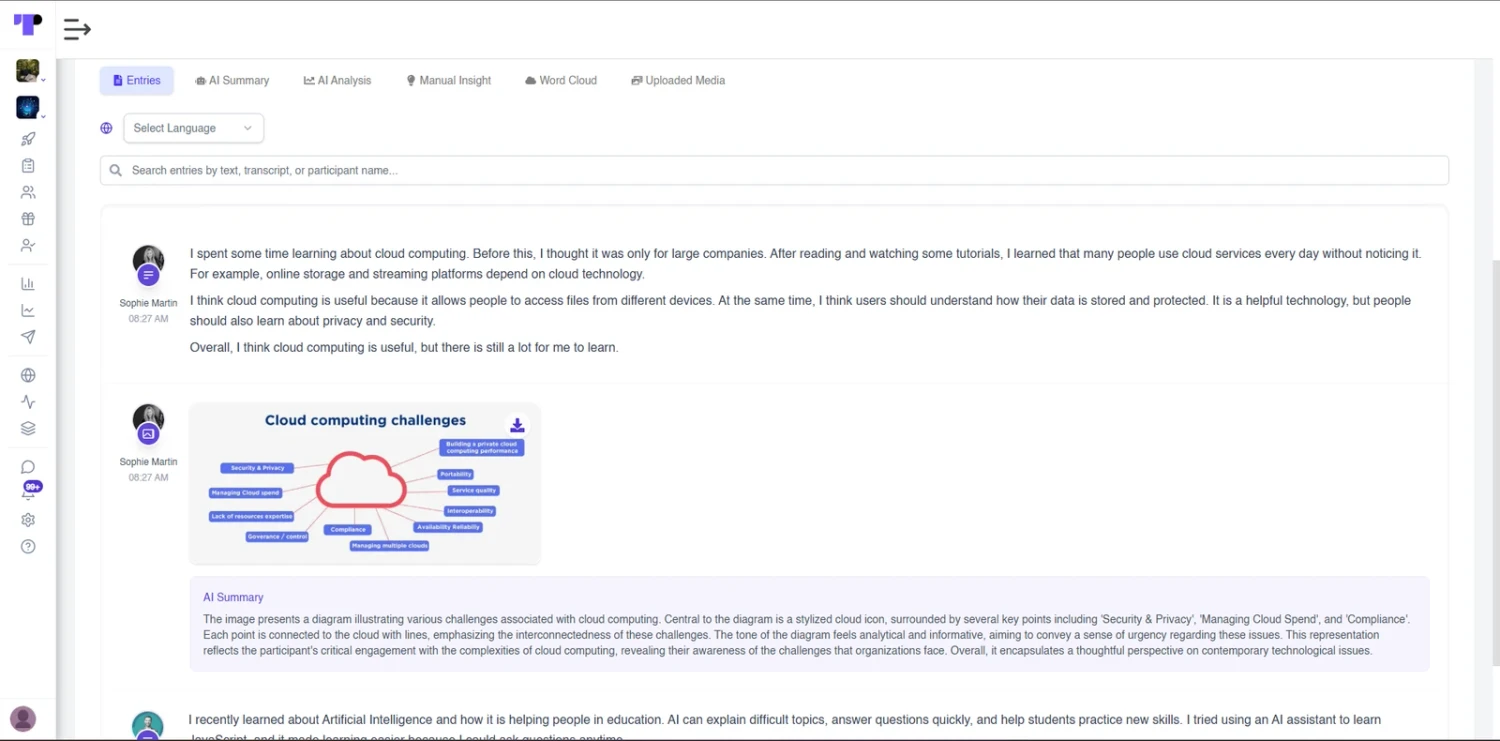 Journal responses combining participant text, uploaded media and AI summary