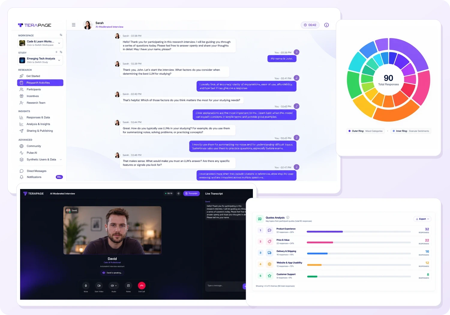 Terapage interview, sentiment and research analysis screens