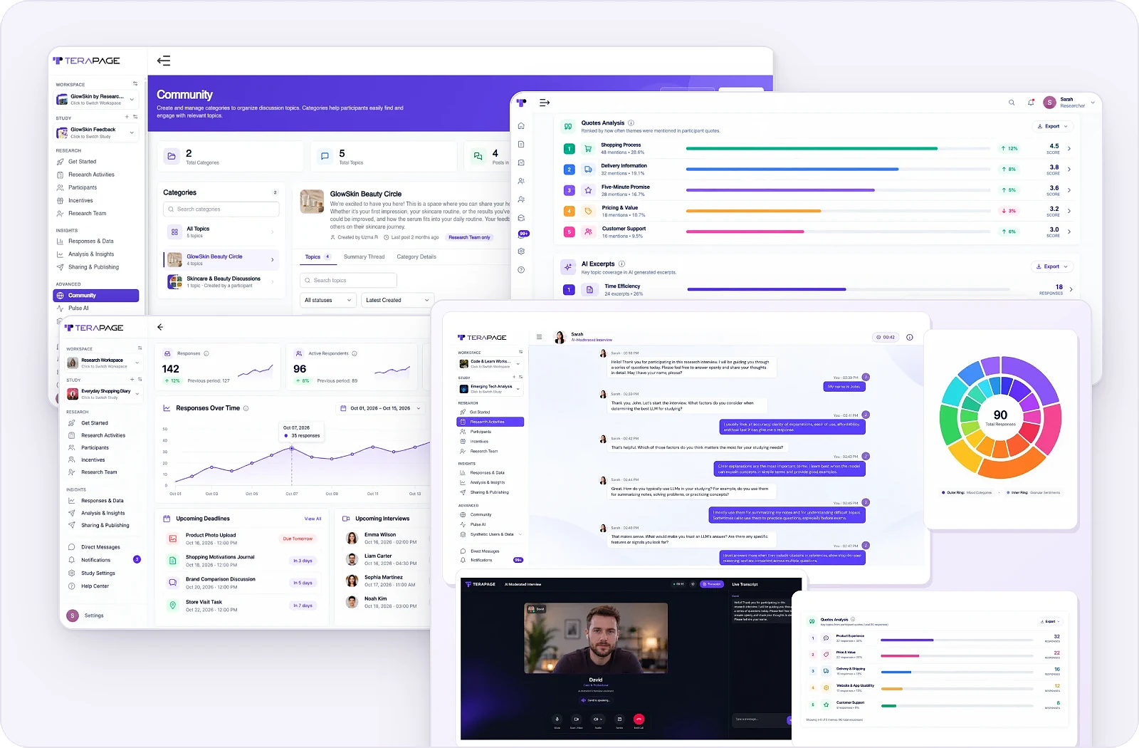 Terapage interview, sentiment and research analysis screens