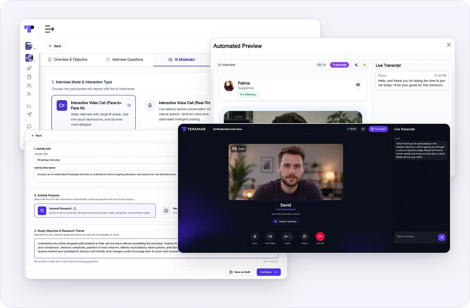 AI-moderated video interview in Terapage with the AI moderator David