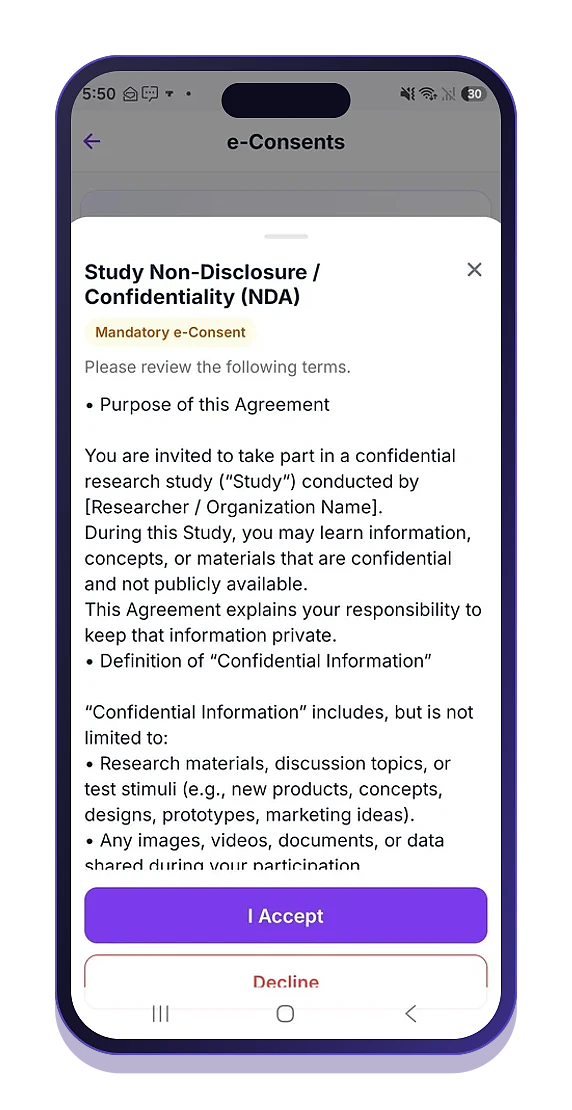 Mandatory e-consent screen participants accept before an AI-moderated interview