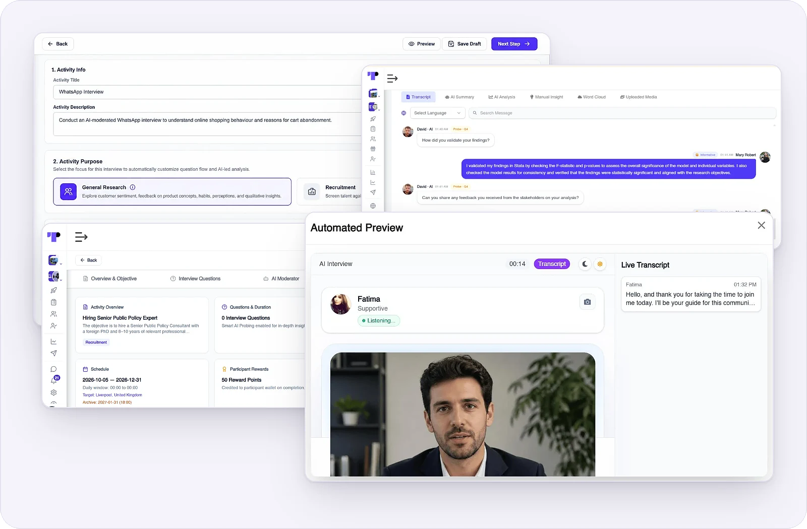 Video-based AI-moderated interview preview in Terapage with the avatar and a live transcript