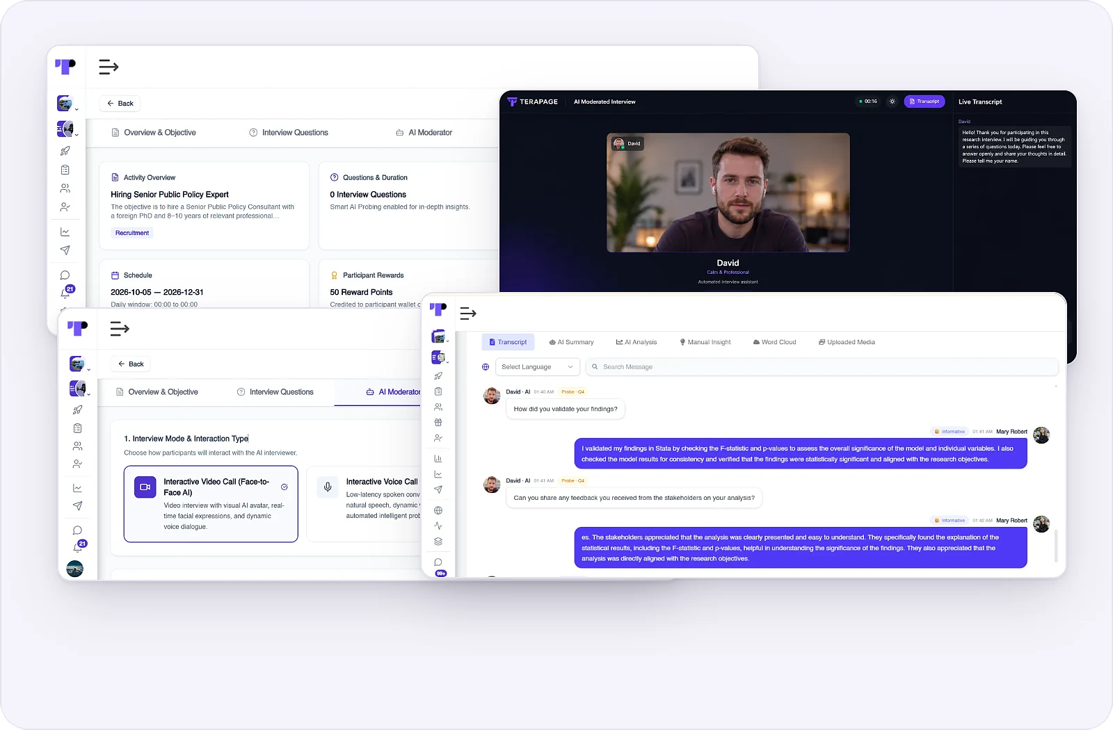 Interview transcript in Terapage with tagged answers and AI analysis tabs