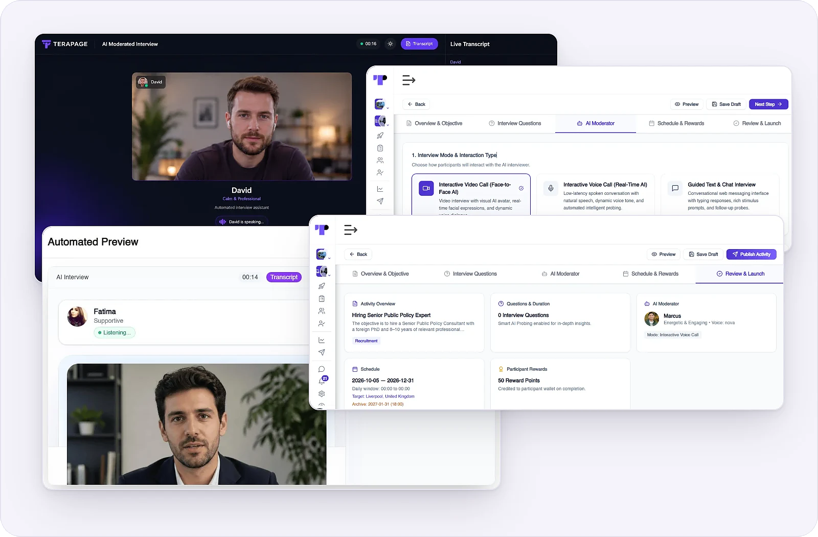 Review and launch screen in Terapage with questions, moderator, schedule and rewards