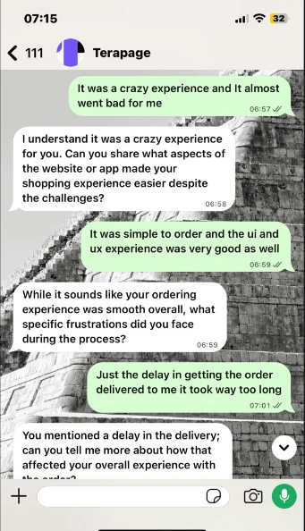 WhatsApp conversation in which the Terapage AI moderator asks follow-up questions about an online grocery order