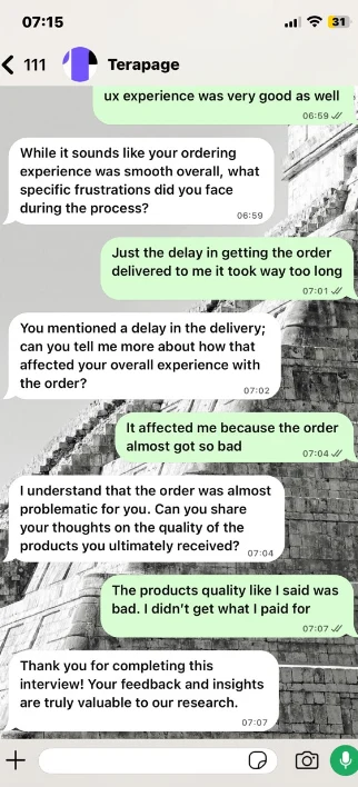 End of a WhatsApp interview with the Terapage AI moderator, finishing with a thank-you message