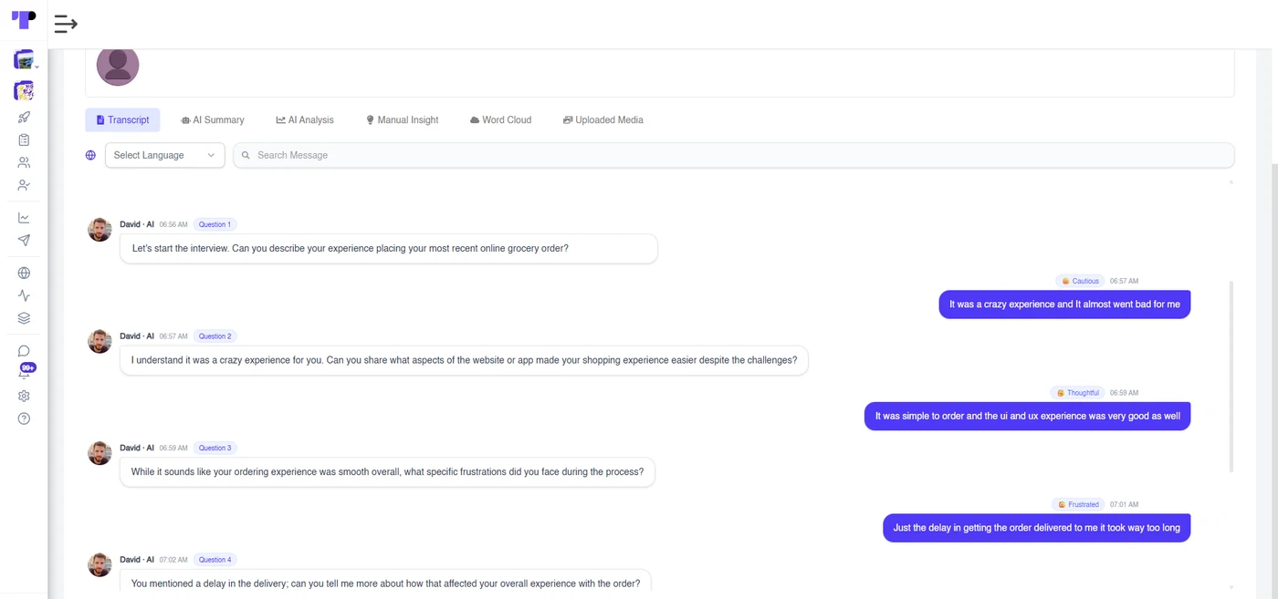 Transcript of a WhatsApp interview in Terapage with AI questions and participant replies